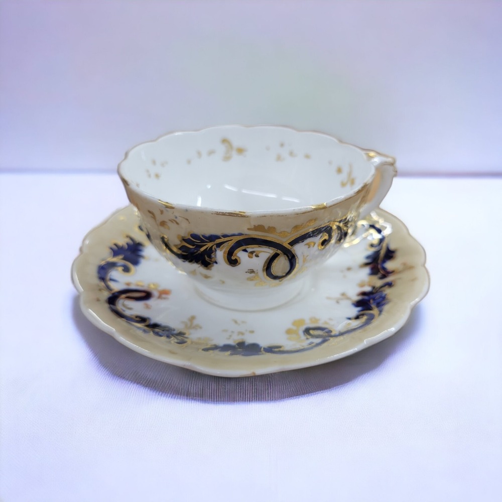 Antique John Ridgway Tea‎ Cup Saucer Cauldon Place Foliage Blue Gilding Acanthus